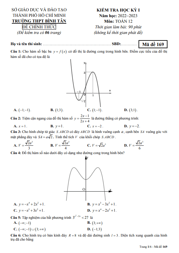 Đề học kỳ 1 Toán 12 năm 2022 2023 trường THPT Bình Tân TP HCM
