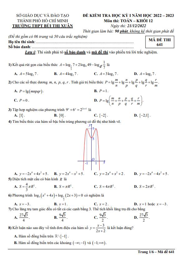 Đề học kỳ 1 Toán 12 năm 2022 2023 trường THPT Bùi Thị Xuân TP HCM