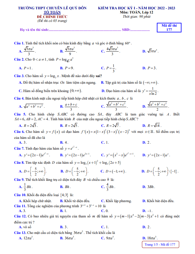 Đề học kỳ 1 Toán 12 năm 2022 2023 trường THPT chuyên Lê Quý Đôn BR VT
