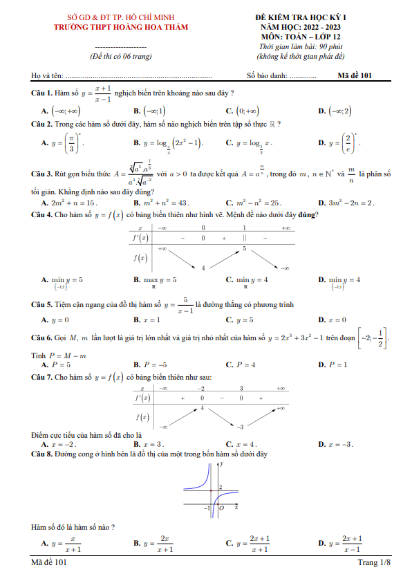 Đề học kỳ 1 Toán 12 năm 2022 2023 trường THPT Hoàng Hoa Thám TP HCM