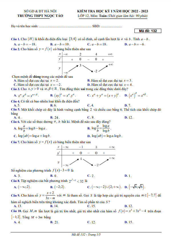 Đề học kỳ 1 Toán 12 năm 2022 2023 trường THPT Ngọc Tảo Hà Nội