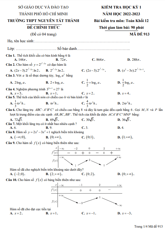 Đề học kỳ 1 Toán 12 năm 2022 2023 trường THPT Nguyễn Tất Thành TP HCM