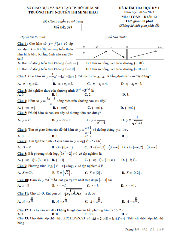 Đề học kỳ 1 Toán 12 năm 2022 2023 trường THPT Nguyễn Thị Minh Khai TP HCM
