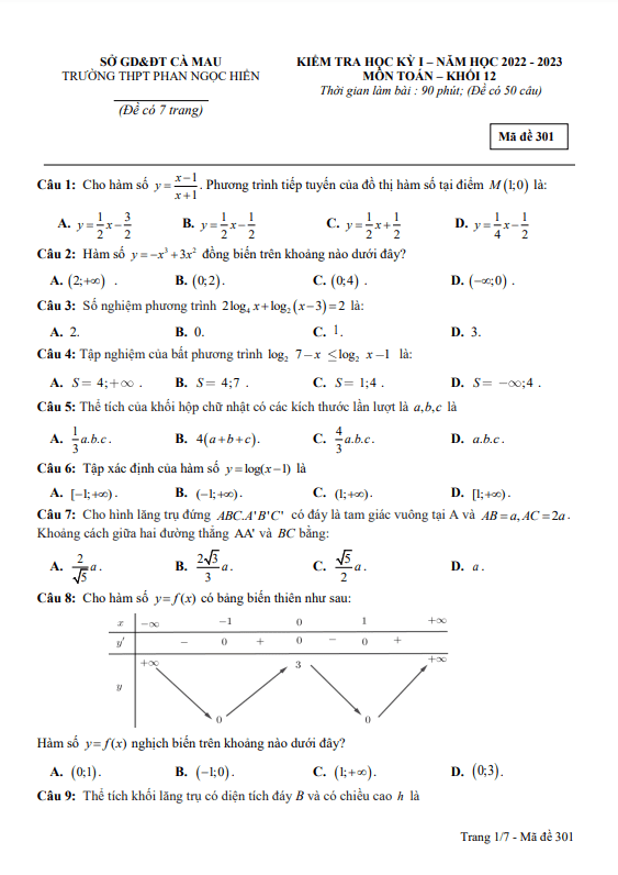 Đề học kỳ 1 Toán 12 năm 2022 2023 trường THPT Phan Ngọc Hiển Cà Mau