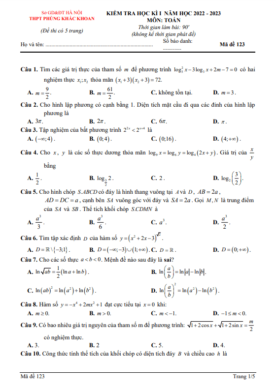 Đề học kỳ 1 Toán 12 năm 2022 2023 trường THPT Phùng Khắc Khoan Hà Nội