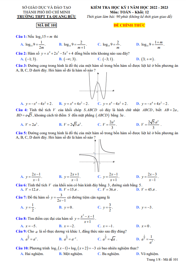 Đề học kỳ 1 Toán 12 năm 2022 2023 trường THPT Tạ Quang Bửu TP HCM