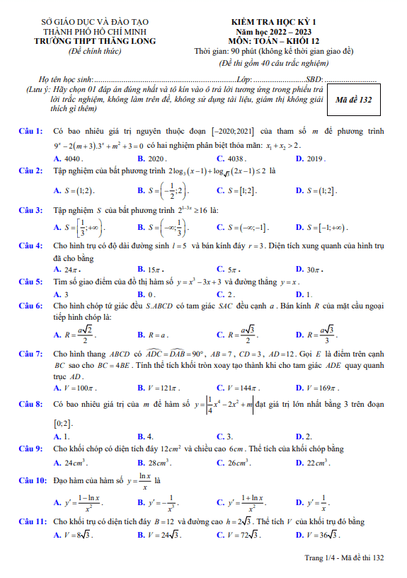Đề học kỳ 1 Toán 12 năm 2022 2023 trường THPT Thăng Long TP HCM