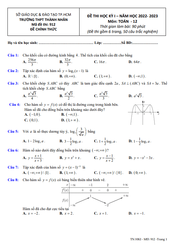 Đề học kỳ 1 Toán 12 năm 2022 2023 trường THPT Thành Nhân TP HCM