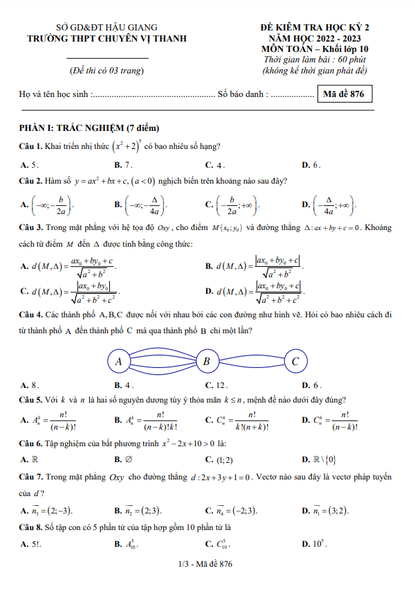 Đề học kỳ 2 Toán 10 năm 2022 2023 trường chuyên Vị Thanh Hậu Giang