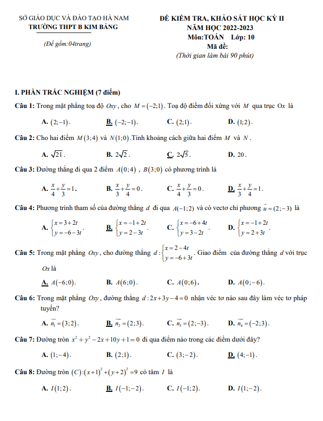 Đề học kỳ 2 Toán 10 năm 2022 2023 trường THPT B Kim Bảng Hà Nam