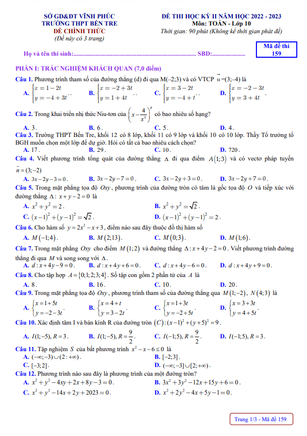 Đề học kỳ 2 Toán 10 năm 2022 2023 trường THPT Bến Tre Vĩnh Phúc