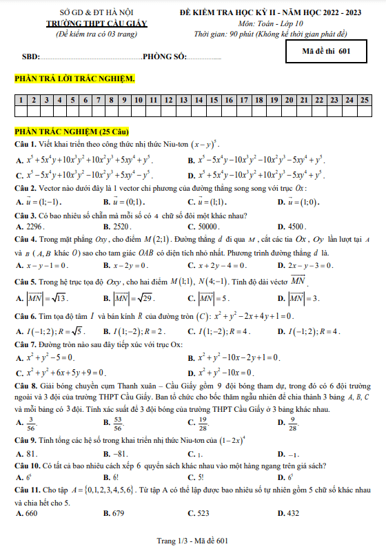 Đề học kỳ 2 Toán 10 năm 2022 2023 trường THPT Cầu Giấy Hà Nội
