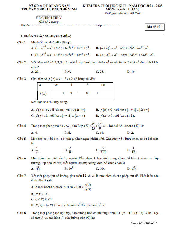 Đề học kỳ 2 Toán 10 năm 2022 2023 trường THPT Lương Thế Vinh Quảng Nam
