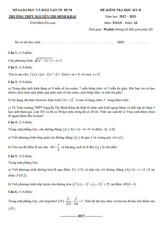 Đề học kỳ 2 Toán 10 năm 2022 2023 trường THPT Nguyễn Thị Minh Khai TP HCM