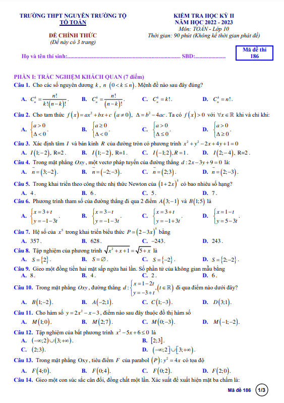 Đề học kỳ 2 Toán 10 năm 2022 2023 trường THPT Nguyễn Trường Tộ TT Huế