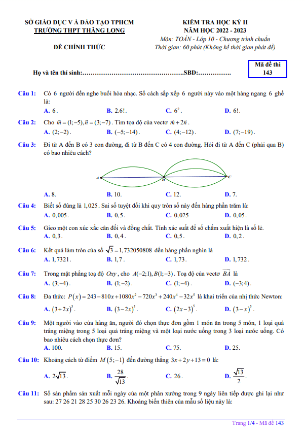 Đề học kỳ 2 Toán 10 năm 2022 2023 trường THPT Thăng Long TP HCM