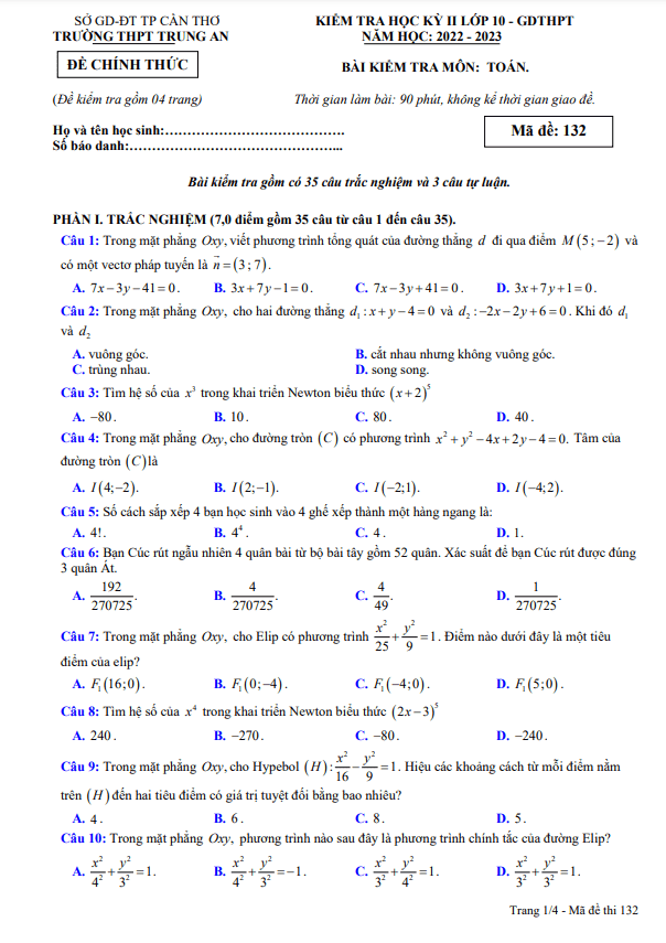 Đề học kỳ 2 Toán 10 năm 2022 2023 trường THPT Trung An Cần Thơ