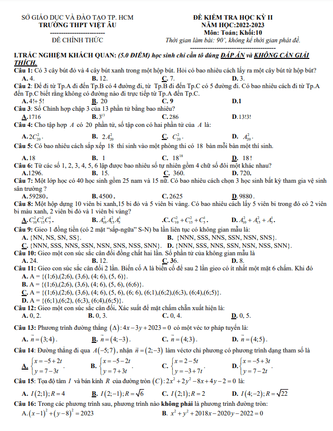 Đề học kỳ 2 Toán 10 năm 2022 2023 trường THPT Việt Âu TP HCM