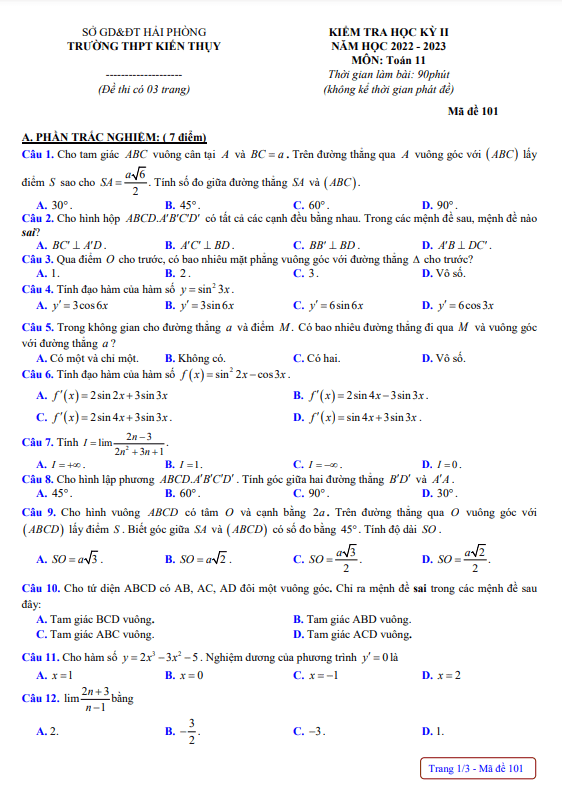 Đề học kỳ 2 Toán 11 năm 2022 2023 trường THPT Kiến Thụy Hải Phòng