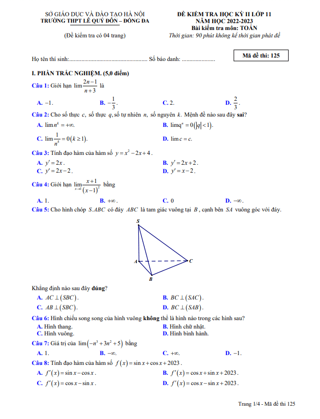 Đề học kỳ 2 Toán 11 năm 2022 2023 trường THPT Lê Quý Đôn Hà Nội