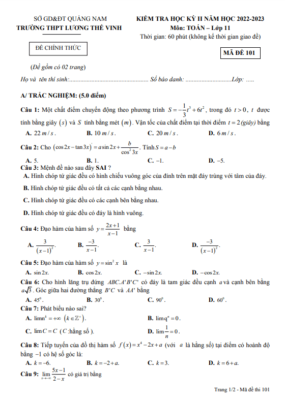 Đề học kỳ 2 Toán 11 năm 2022 2023 trường THPT Lương Thế Vinh Quảng Nam