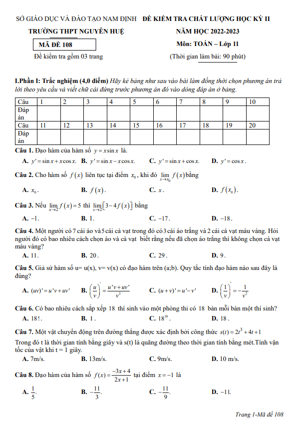 Đề học kỳ 2 Toán 11 năm 2022 2023 trường THPT Nguyễn Huệ Nam Định