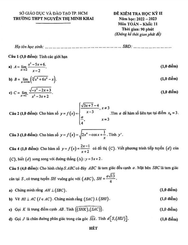 Đề học kỳ 2 Toán 11 năm 2022 2023 trường THPT Nguyễn Thị Minh Khai TP HCM