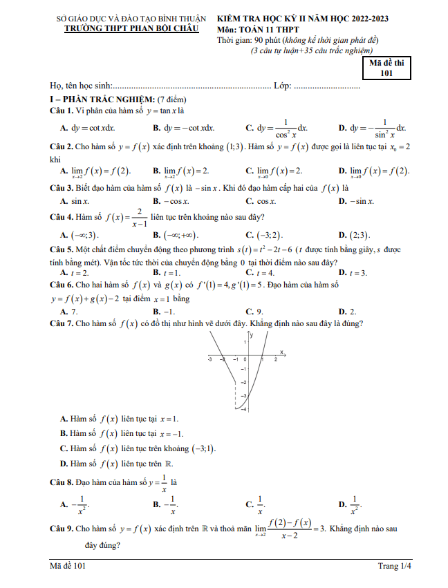 Đề học kỳ 2 Toán 11 năm 2022 2023 trường THPT Phan Bội Châu Bình Thuận