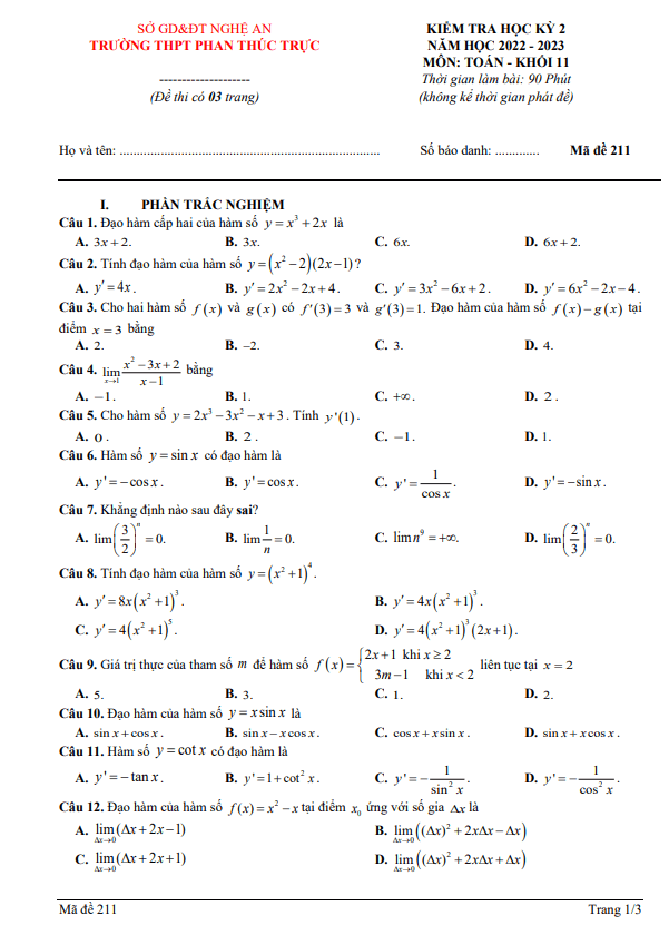 Đề học kỳ 2 Toán 11 năm 2022 2023 trường THPT Phan Thúc Trực Nghệ An