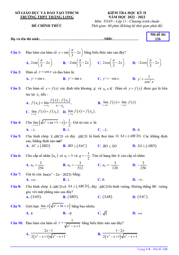 Đề học kỳ 2 Toán 11 năm 2022 2023 trường THPT Thăng Long TP HCM
