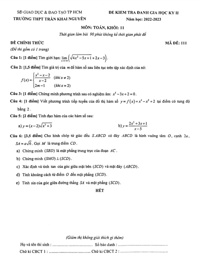 Đề học kỳ 2 Toán 11 năm 2022 2023 trường THPT Trần Khai Nguyên TP HCM