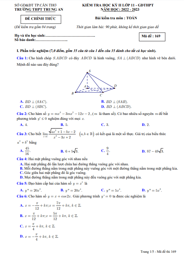 Đề học kỳ 2 Toán 11 năm 2022 2023 trường THPT Trung An Cần Thơ