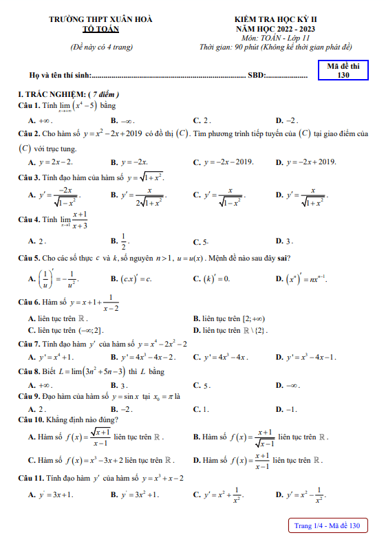 Đề học kỳ 2 Toán 11 năm 2022 2023 trường THPT Xuân Hòa Vĩnh Phúc