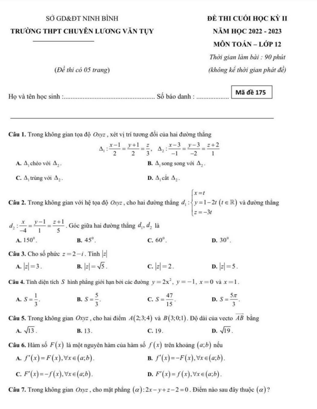 Đề học kỳ 2 Toán 12 năm 2022 2023 trường chuyên Lương Văn Tụy Ninh Bình