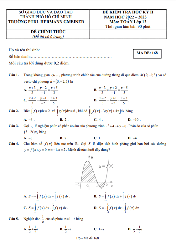 Đề học kỳ 2 Toán 12 năm 2022 2023 trường PTDL Hermann Gmeiner TP HCM