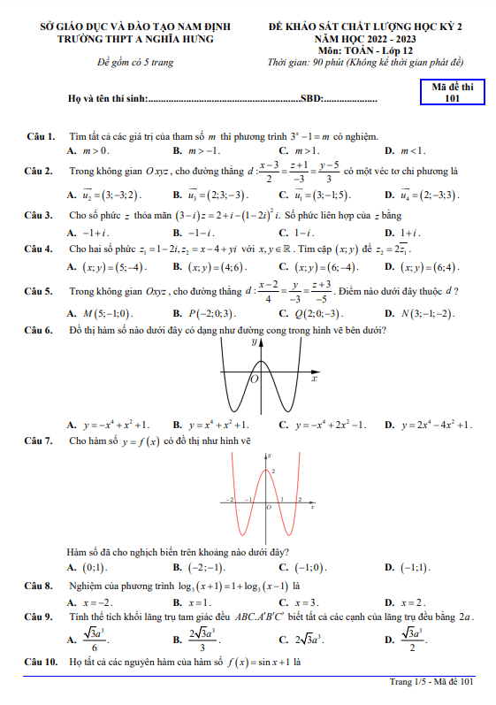 Đề học kỳ 2 Toán 12 năm 2022 2023 trường THPT A Nghĩa Hưng Nam Định