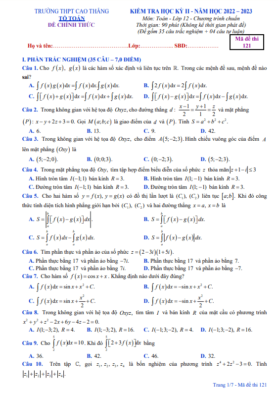 Đề học kỳ 2 Toán 12 năm 2022 2023 trường THPT Cao Thắng TT Huế