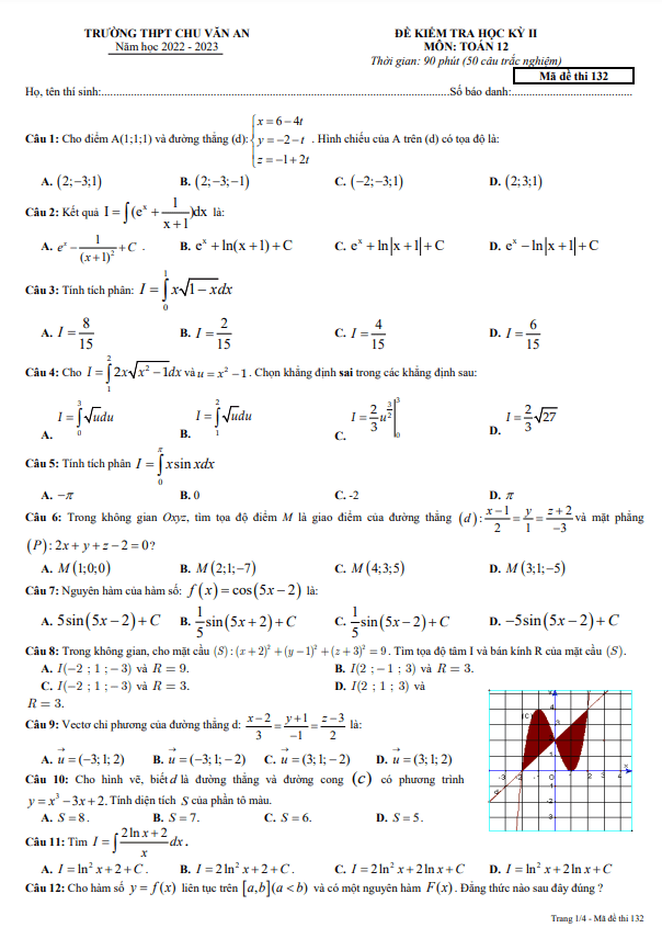 Đề học kỳ 2 Toán 12 năm 2022 2023 trường THPT Chu Văn An Đắk Nông