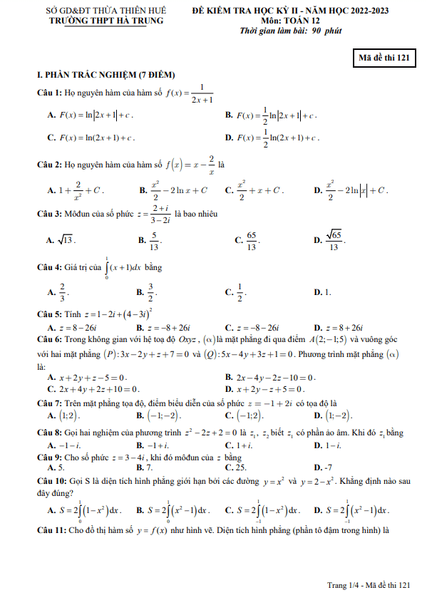 Đề học kỳ 2 Toán 12 năm 2022 2023 trường THPT Hà Trung TT Huế