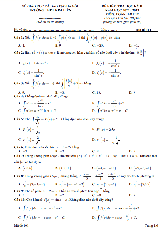 Đề học kỳ 2 Toán 12 năm 2022 2023 trường THPT Kim Liên Hà Nội