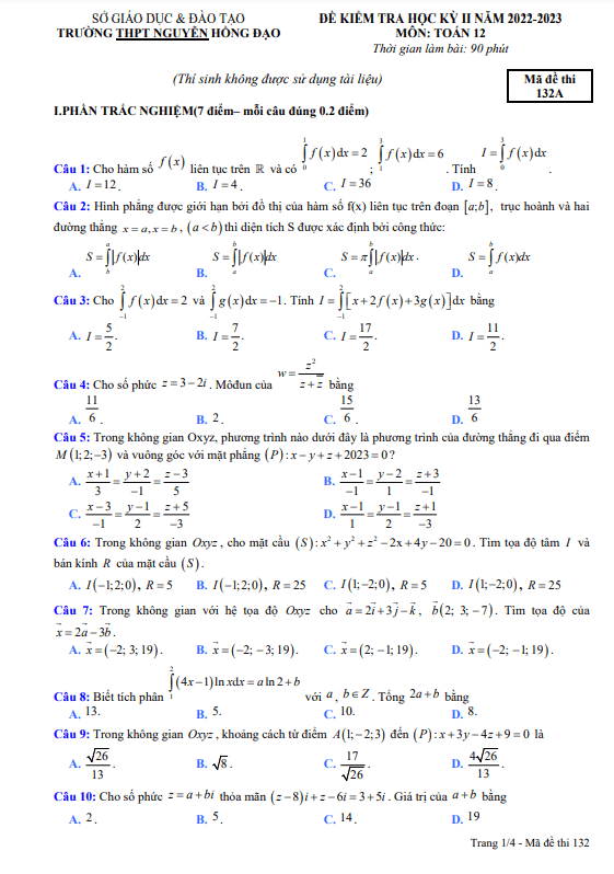 Đề học kỳ 2 Toán 12 năm 2022 2023 trường THPT Nguyễn Hồng Đạo Bình Định