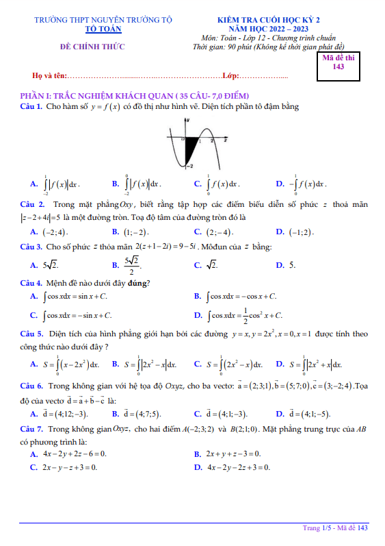Đề học kỳ 2 Toán 12 năm 2022 2023 trường THPT Nguyễn Trường Tộ TT Huế