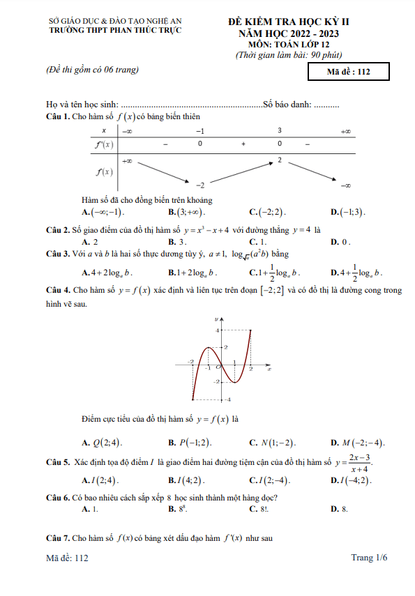 Đề học kỳ 2 Toán 12 năm 2022 2023 trường THPT Phan Thúc Trực Nghệ An