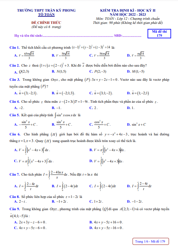 Đề học kỳ 2 Toán 12 năm 2022 2023 trường THPT Trần Kỳ Phong Quảng Ngãi