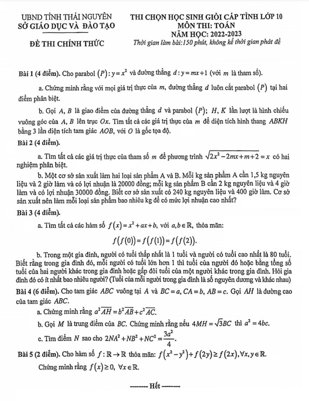 Đề học sinh giỏi cấp tỉnh Toán 10 năm 2022 2023 sở GD&ĐT Thái Nguyên