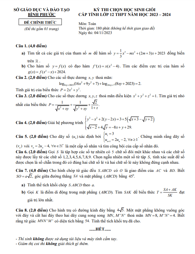 Đề học sinh giỏi cấp tỉnh Toán 12 năm 2023 2024 sở GD&ĐT Bình Phước