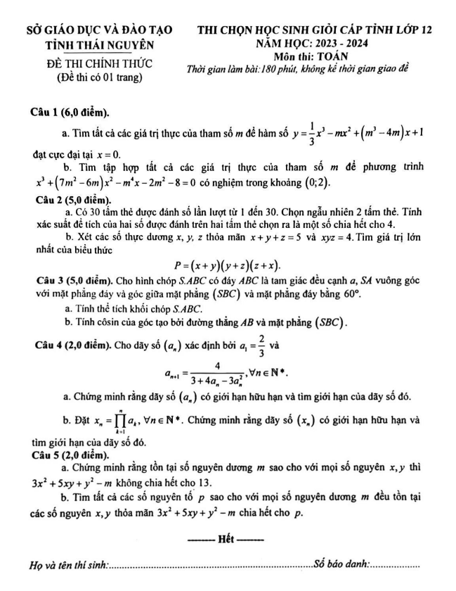 Đề học sinh giỏi cấp tỉnh Toán 12 năm 2023 2024 sở GD&ĐT Thái Nguyên