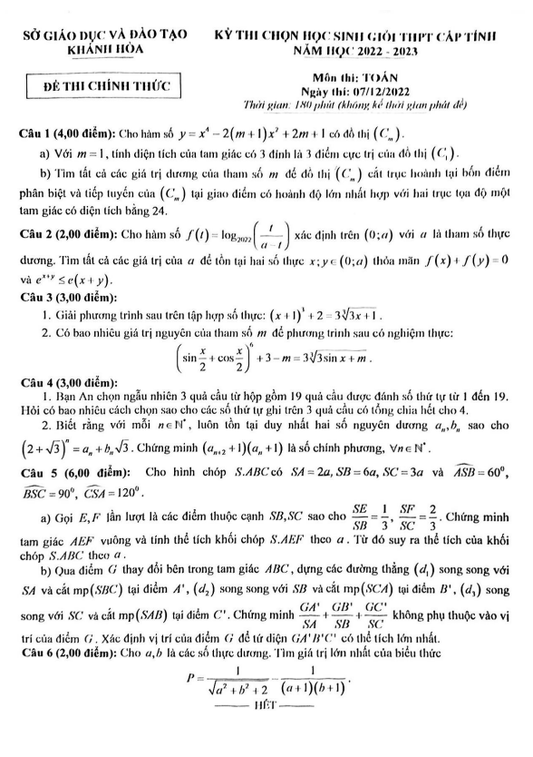 Đề học sinh giỏi cấp tỉnh Toán THPT năm 2022 2023 sở GD&ĐT Khánh Hòa