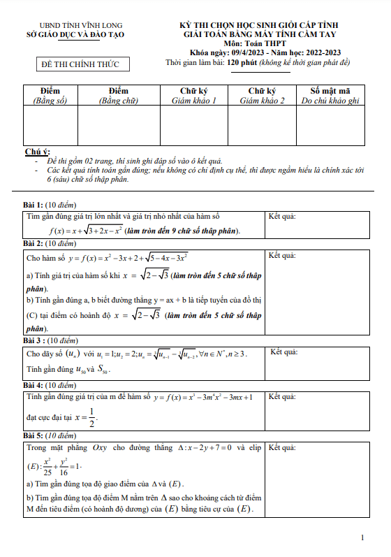 Đề học sinh giỏi MTCT Toán THPT năm 2022 2023 sở GD&ĐT Vĩnh Long