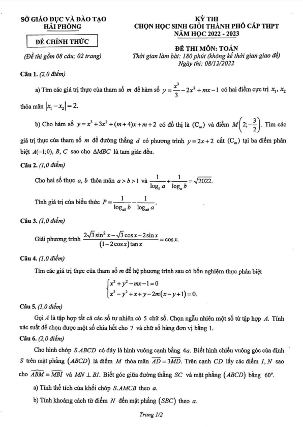 Đề học sinh giỏi thành phố Toán THPT năm 2022 2023 sở GD&ĐT Hải Phòng